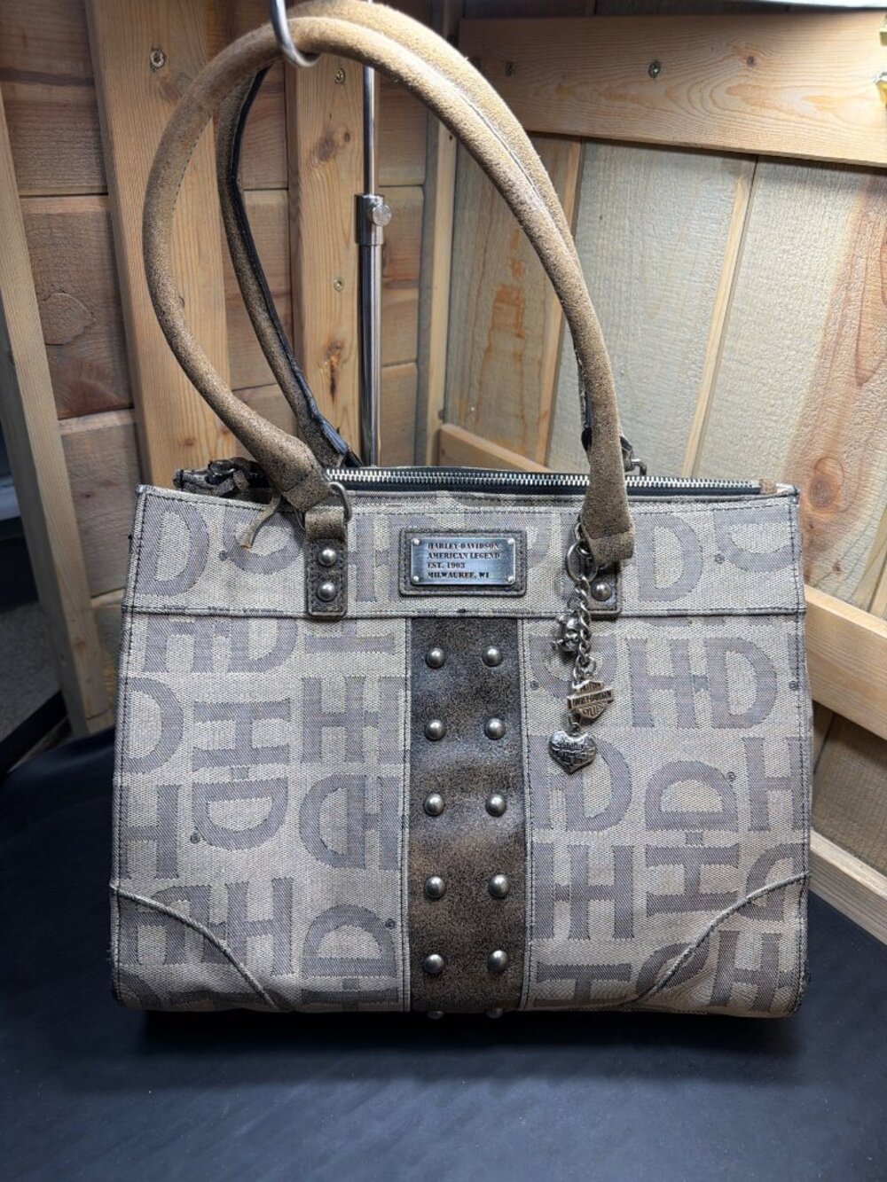 Harley Davidson Jacquard HD Monogram Studded Tote Shoulder Bag Womens Charm